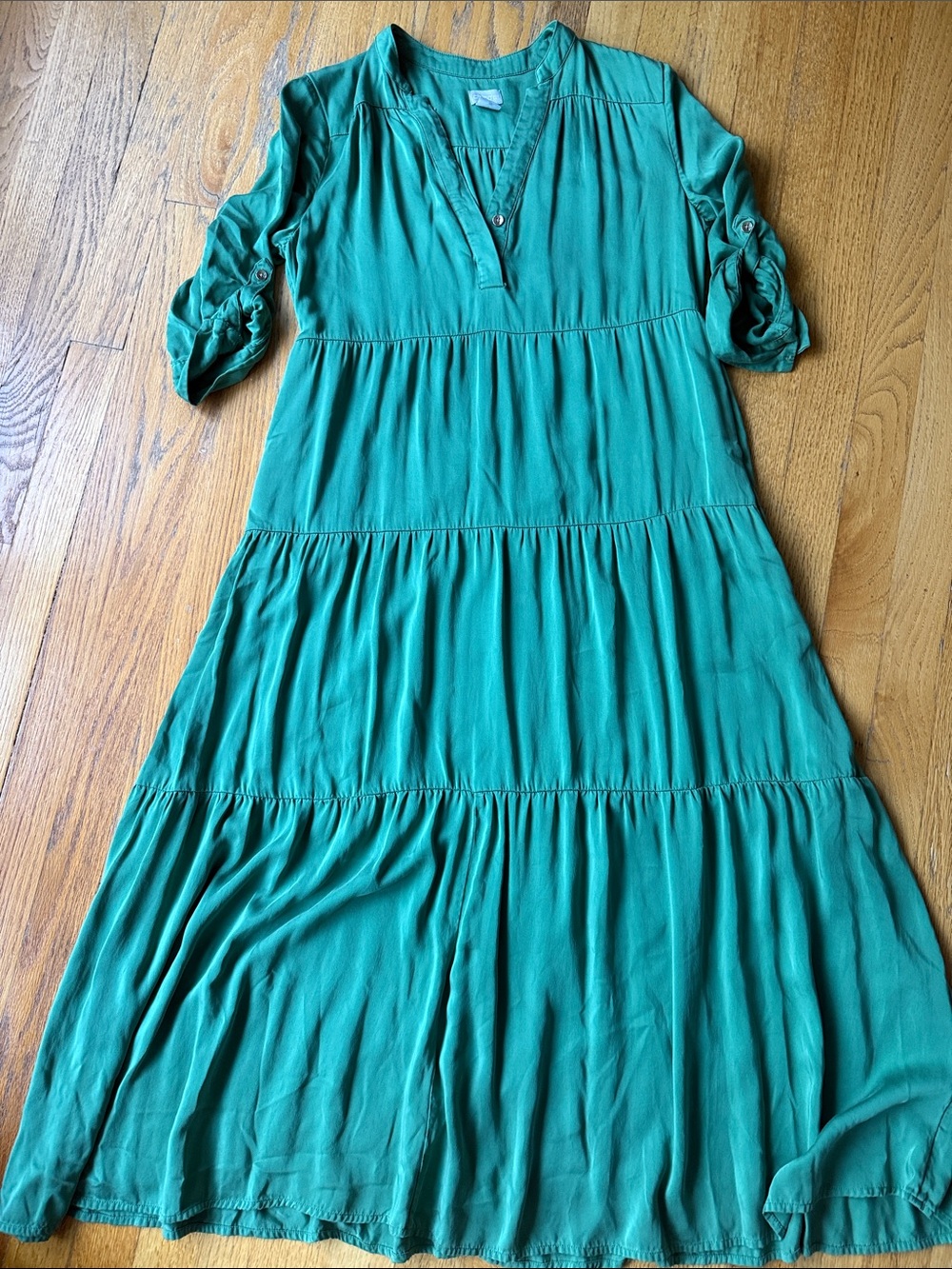 Chico’s Green Tiered Maxi Dress Size 0 Petite Pockets